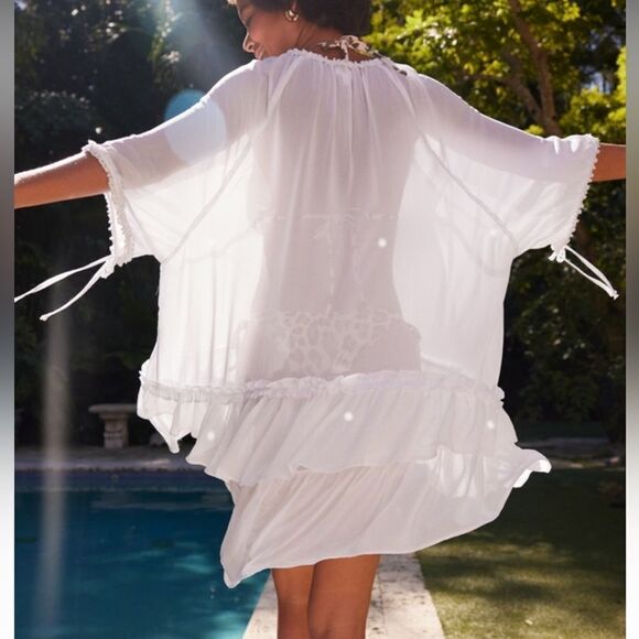 Aerie Ruffle Trim Relaxed Fit Sheer Cape In White Size M - Picture 3 of 11